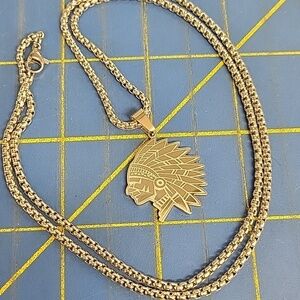 Indian Head 1" Silver Tone 23" Necklace